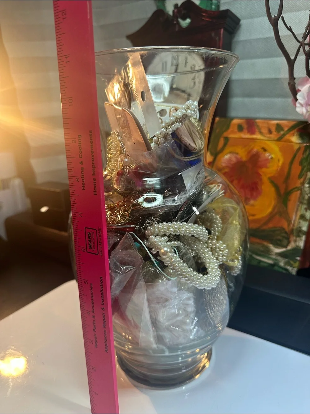 Glass Decorative Vase Filled with Gold and Pearl Accents - Unbranded